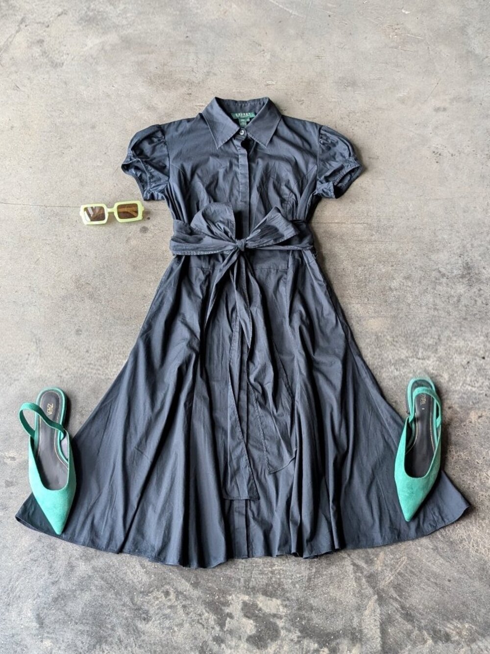 Vintage Ralph Lauren Black Button Front Tie Waist Midi Shirt Dress size 6